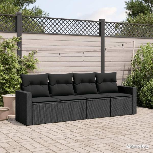 Salon de jardin 4 pcs avec coussins noir r�sine tress�e