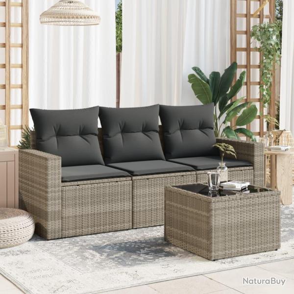 Salon de jardin 4 pcs avec coussins gris clair r�sine tress�e