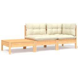 Salon de jardin 3 pcs avec coussins cr&egrave;me Bois de pin massif