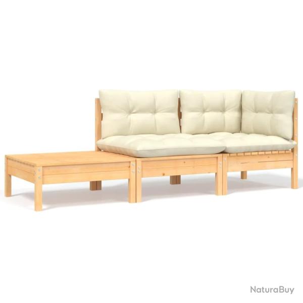 Salon de jardin 3 pcs avec coussins cr�me Bois de pin massif