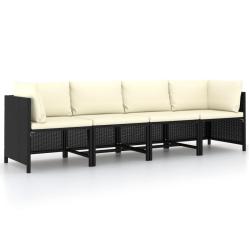 Canap&eacute; de jardin &agrave; 4 places avec coussins Noir R&eacute;sine tress&eacute;e