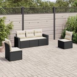 Salon de jardin 5 pcs avec coussins noir r&eacute;sine tress&eacute;e