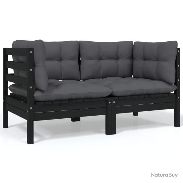 Canap� 2 places de jardin et coussins Noir Bois de pin solide