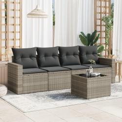 Salon de jardin 5 pcs avec coussins gris clair r&eacute;sine tress&eacute;e
