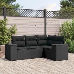 Salon de jardin 4 pcs avec coussins noir r&eacute;sine tress&eacute;e