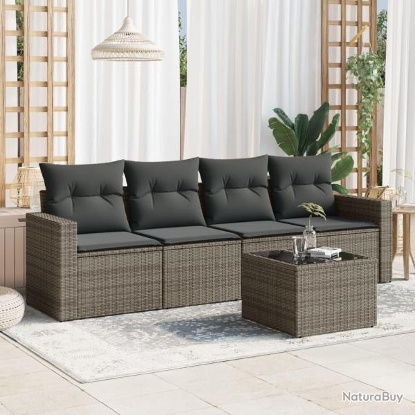 Salon de jardin 5 pcs avec coussins gris r�sine tress�e