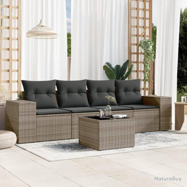 Salon de jardin 5 pcs avec coussins gris r�sine tress�e