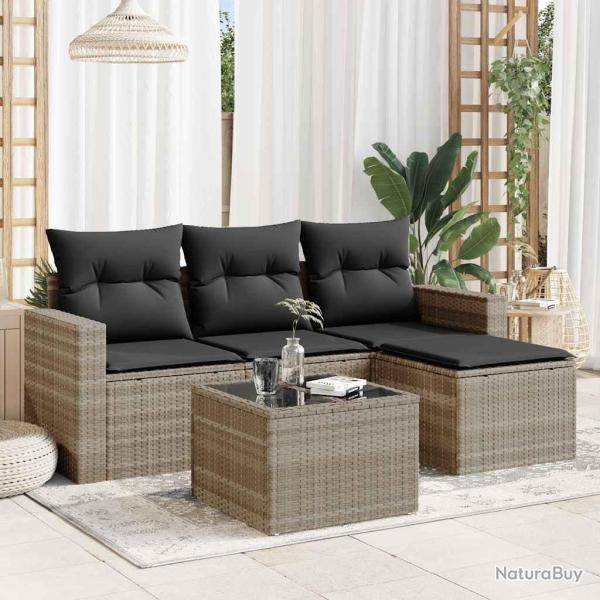 Salon de jardin 5 pcs avec coussins gris clair r�sine tress�e