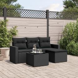 Salon de jardin 5 pcs avec coussins noir r&eacute;sine tress&eacute;e