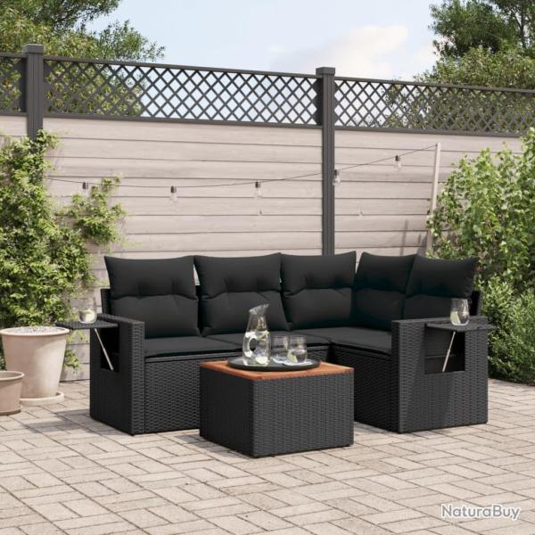 Salon de jardin 5 pcs avec coussins noir r�sine tress�e