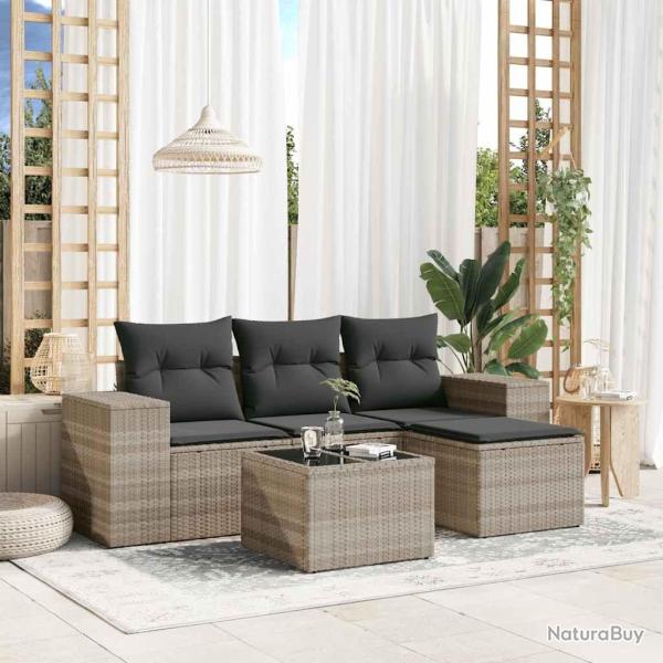 Salon de jardin 5 pcs avec coussins gris clair r�sine tress�e