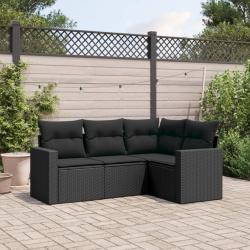 Salon de jardin 4 pcs avec coussins noir r&eacute;sine tress&eacute;e