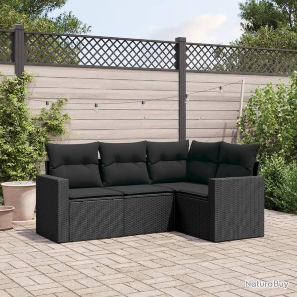 Salon de jardin 4 pcs avec coussins noir r�sine tress�e