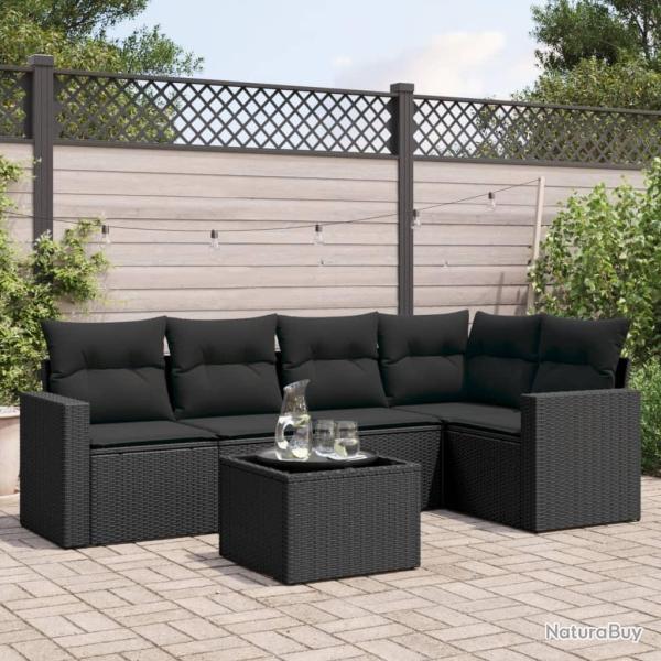 Salon de jardin 6 pcs avec coussins noir r�sine tress�e