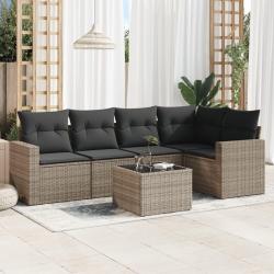 Salon de jardin 6 pcs avec coussins gris r&eacute;sine tress&eacute;e