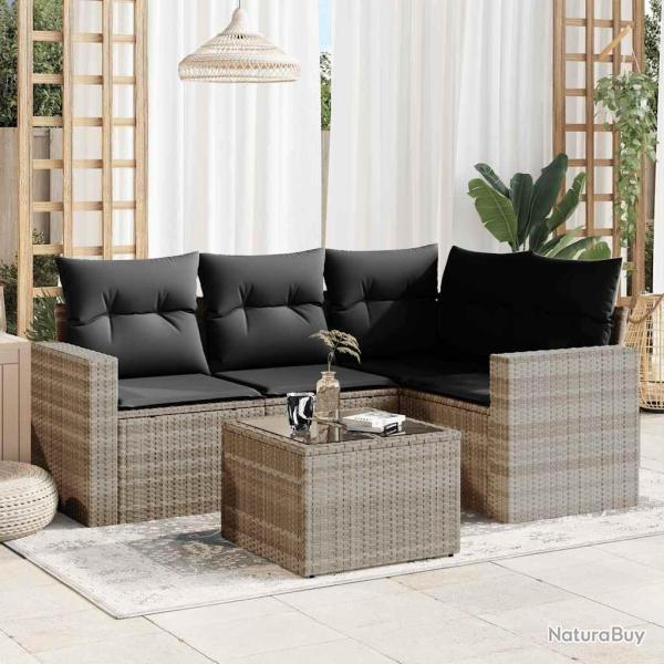 Salon de jardin 5 pcs avec coussins gris clair r�sine tress�e