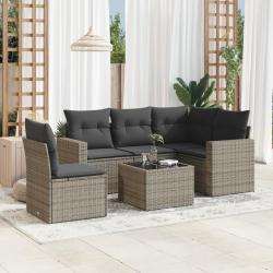 Salon de jardin 6 pcs avec coussins gris r&eacute;sine tress&eacute;e