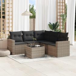 Salon de jardin 6 pcs avec coussins gris r&eacute;sine tress&eacute;e