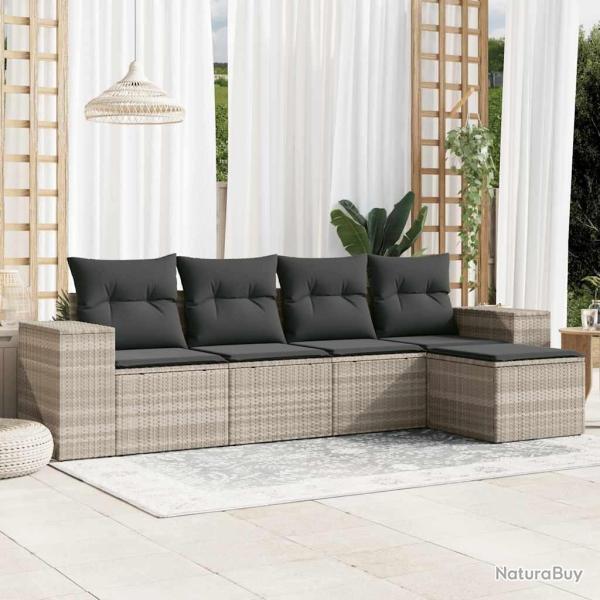 Salon de jardin 5 pcs avec coussins gris clair r�sine tress�e