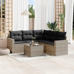 Salon de jardin 6 pcs avec coussins gris clair r&eacute;sine tress&eacute;e