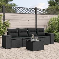 Salon de jardin 5 pcs avec coussins noir r&eacute;sine tress&eacute;e