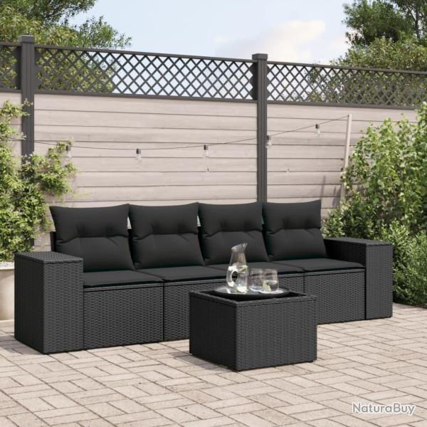 Salon de jardin 5 pcs avec coussins noir r�sine tress�e