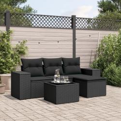 Salon de jardin 5 pcs avec coussins noir r&eacute;sine tress&eacute;e