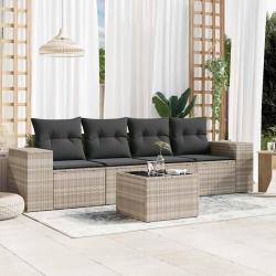Salon de jardin 5 pcs avec coussins gris clair r&eacute;sine tress&eacute;e