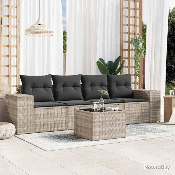 Salon de jardin 5 pcs avec coussins gris clair r�sine tress�e