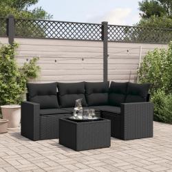Salon de jardin 5 pcs avec coussins noir r&eacute;sine tress&eacute;e