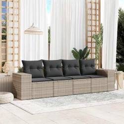 Salon de jardin 4 pcs avec coussins gris clair r&eacute;sine tress&eacute;e