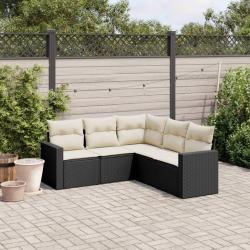 Salon de jardin 5 pcs avec coussins noir r&eacute;sine tress&eacute;e