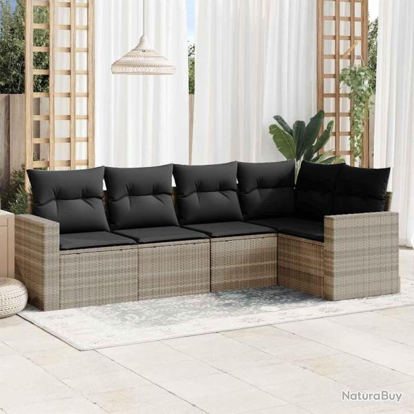 Salon de jardin 5 pcs avec coussins gris clair r�sine tress�e