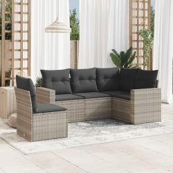 Salon de jardin 5 pcs avec coussins gris clair r&eacute;sine tress&eacute;e
