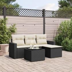 Salon de jardin 5 pcs avec coussins noir r&eacute;sine tress&eacute;e