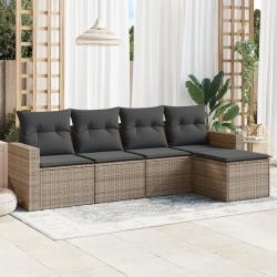 Salon de jardin 5 pcs avec coussins gris r&eacute;sine tress&eacute;e