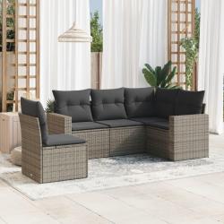Salon de jardin 5 pcs avec coussins gris r&eacute;sine tress&eacute;e