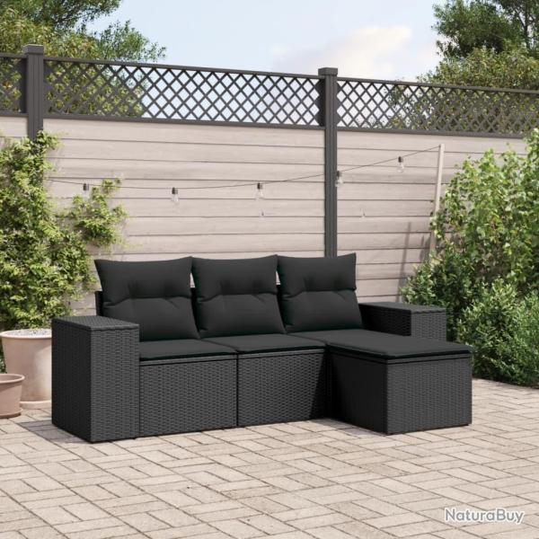 Salon de jardin 4 pcs avec coussins noir r�sine tress�e