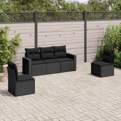 Salon de jardin 5 pcs avec coussins noir r&eacute;sine tress&eacute;e