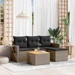 Salon de jardin 5 pcs avec coussins gris r&eacute;sine tress&eacute;e
