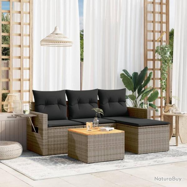 Salon de jardin 5 pcs avec coussins gris r�sine tress�e