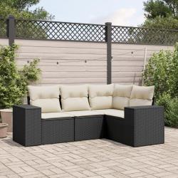 Salon de jardin 4 pcs avec coussins noir r&eacute;sine tress&eacute;e