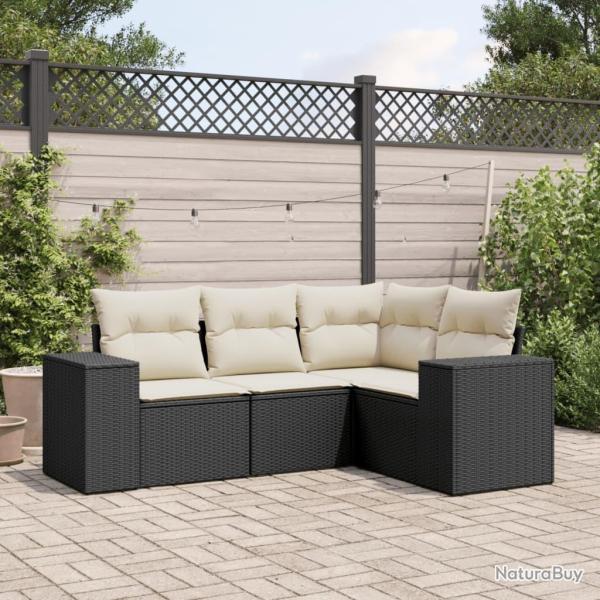 Salon de jardin 4 pcs avec coussins noir r�sine tress�e