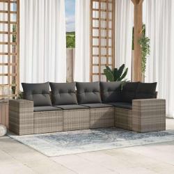 Salon de jardin 5 pcs avec coussins gris clair r&eacute;sine tress&eacute;e