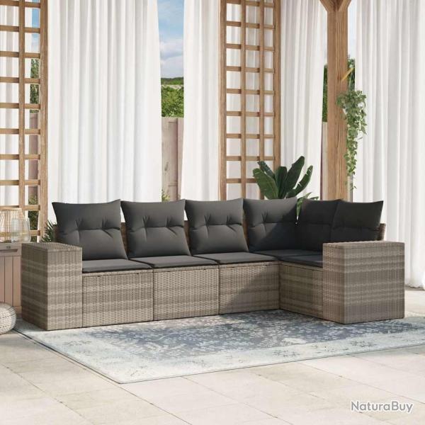 Salon de jardin 5 pcs avec coussins gris clair r�sine tress�e