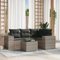 Salon de jardin 5 pcs avec coussins gris clair r&eacute;sine tress&eacute;e