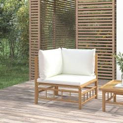 Canap&eacute; d'angle de jardin avec coussins blanc cr&egrave;me bambou