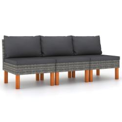 Canap&eacute;s centraux 3 pcs R&eacute;sine tress&eacute;e et bois d'eucalyptus