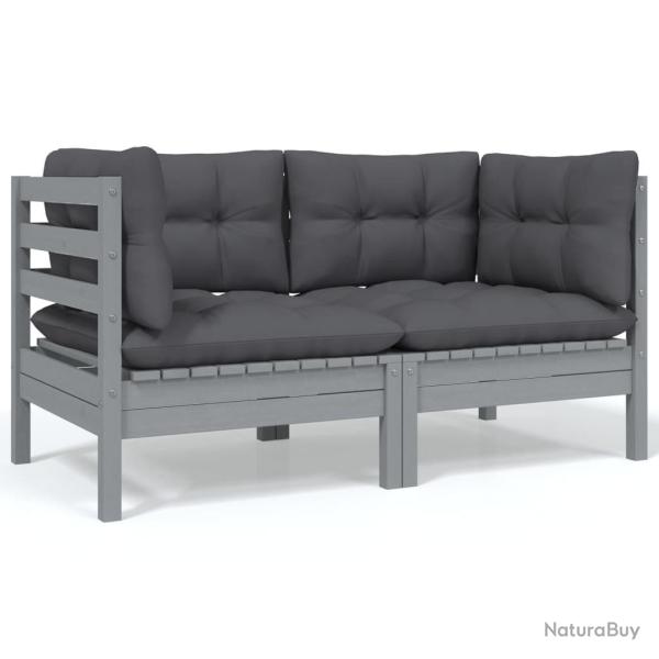 Canap� 2 places de jardin et coussins Gris Bois de pin solide