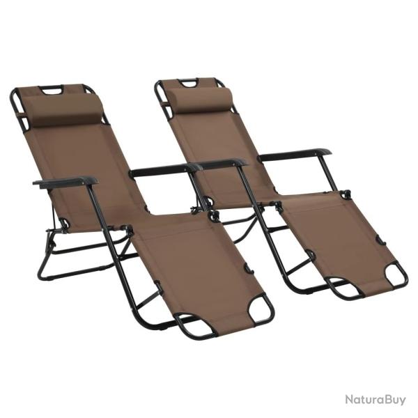 Chaises longues pliables 2 pcs avec repose-pied Acier Marron